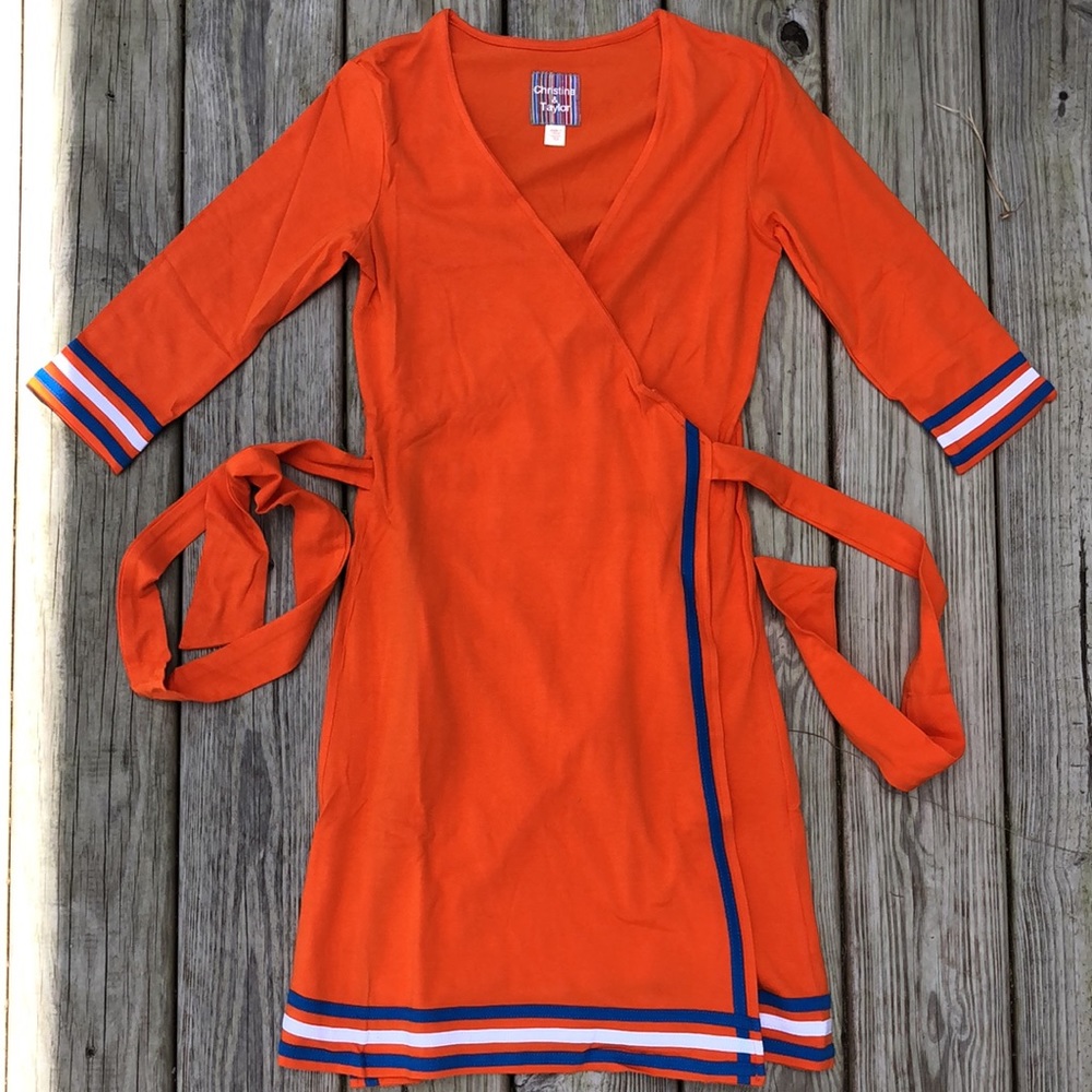 NWOT CHRISTINE & TAYLOR 3/4 Sleeve Wrap Dress Orange blue white stripes preppy